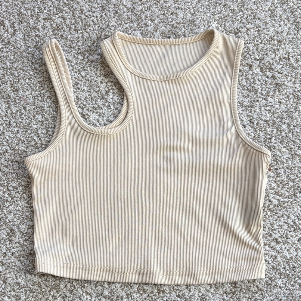 Asymmetric Ribbed Crop Tank Top in Cream